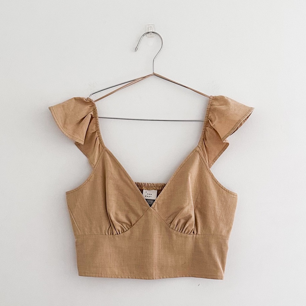 A New Day Cropped Ruffle Sleeve Top Cotton Rayon Smocked Back Boho Size Small